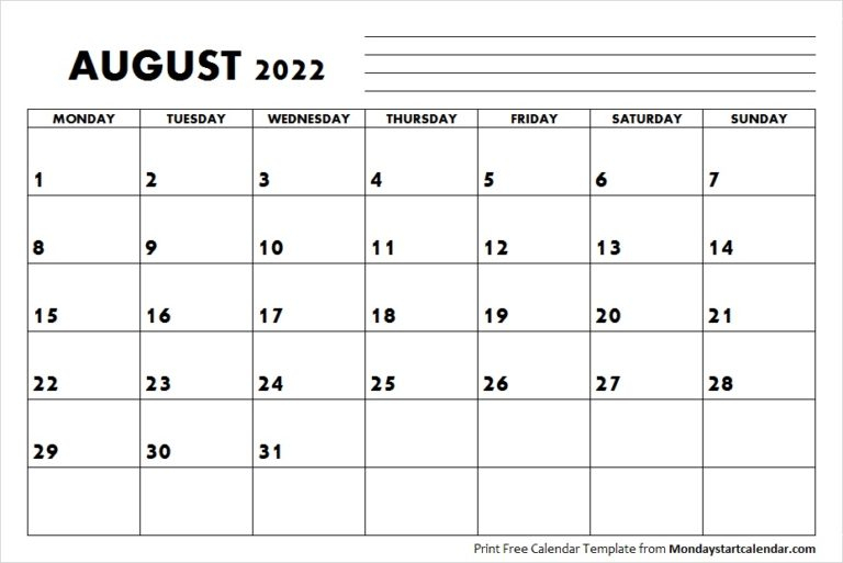 August 2022 Calendar Monday Start | August Month Template