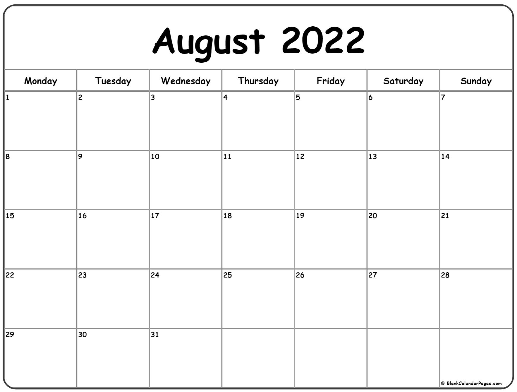 August 2022 Calendar Monday To Friday - June Calendar 2022