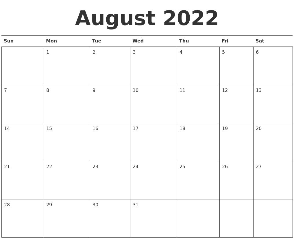 August 2022 Calendar Monday To Friday - June Calendar 2022