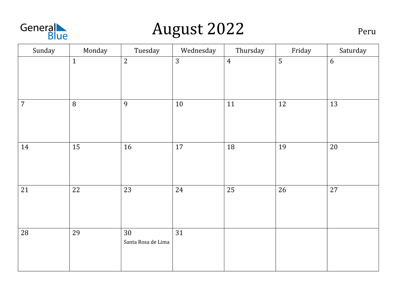 August 2022 Calendar - Peru