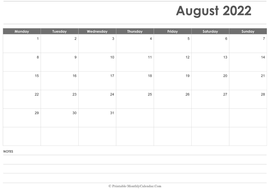 August 2022 Calendar Printable With Holidays