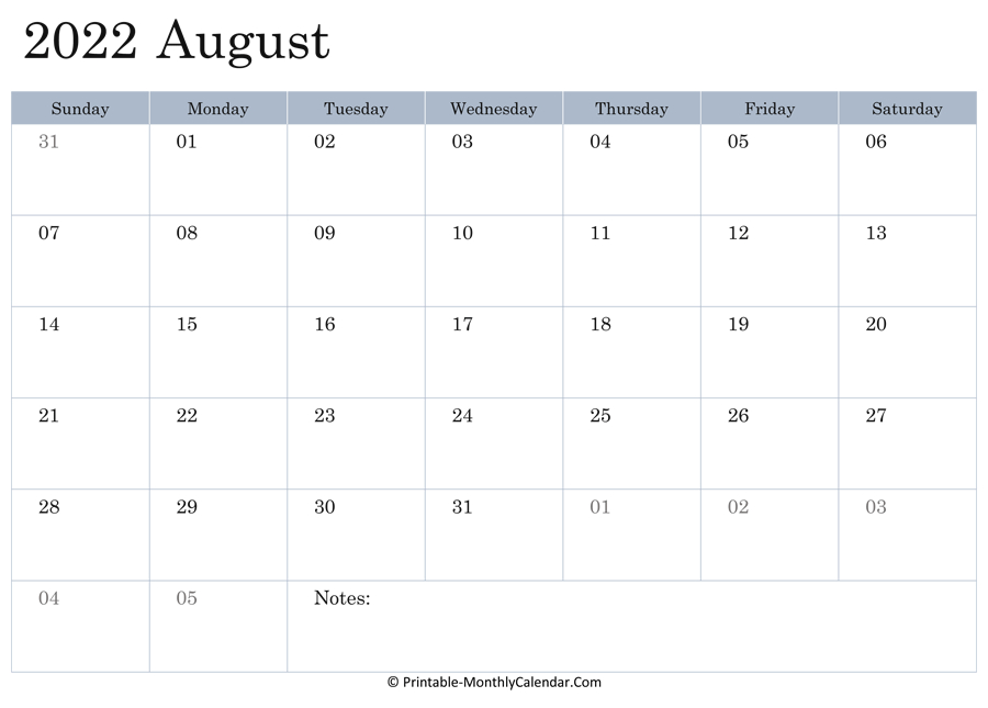 August 2022 Calendar Printable With Holidays