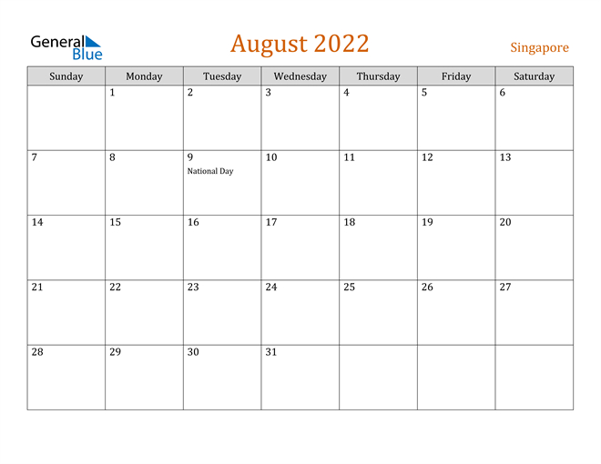 August 2022 Calendar - Singapore