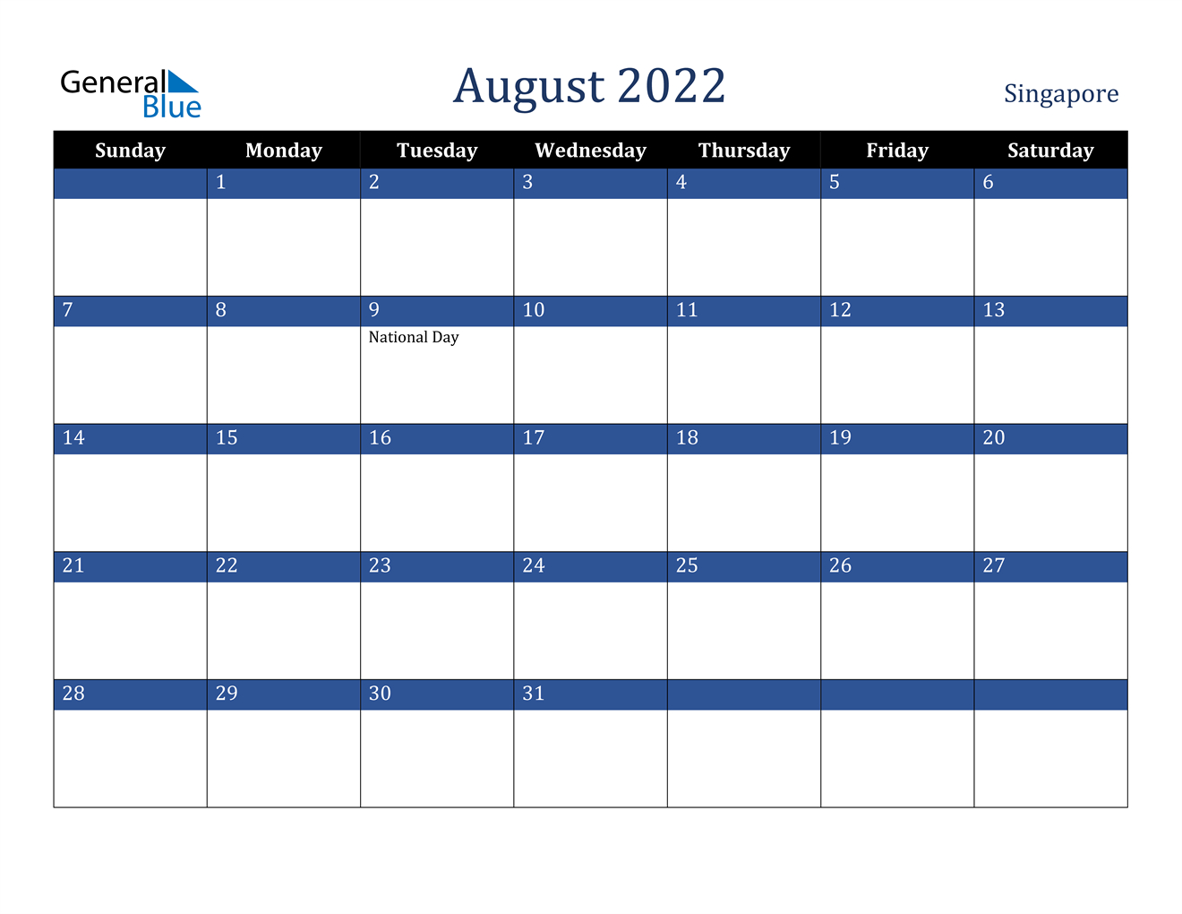 August 2022 Calendar - Singapore