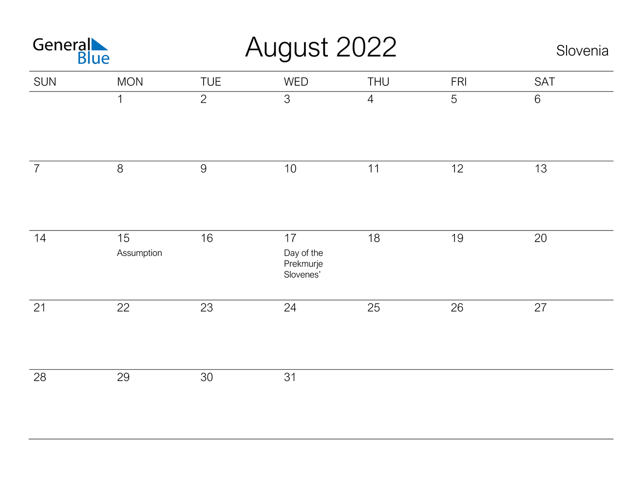 August 2022 Calendar - Slovenia