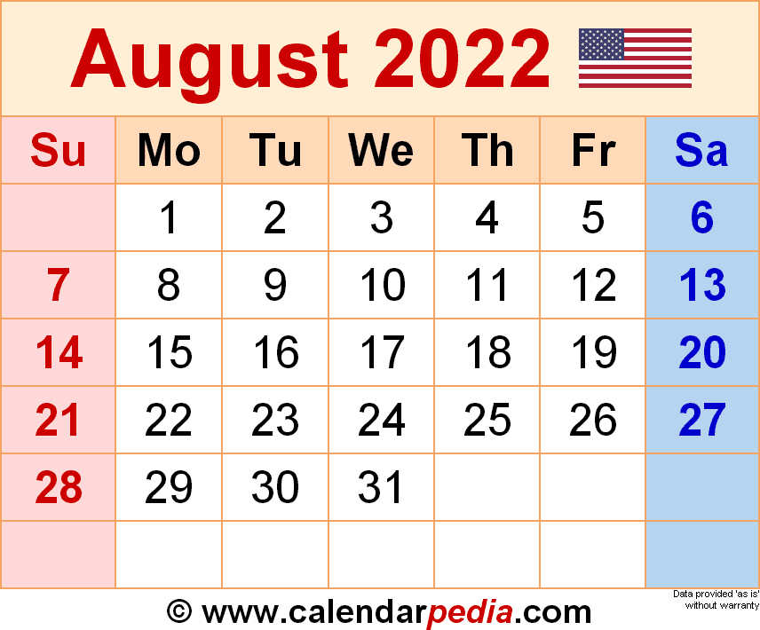 August 2022 - Calendar Templates For Word, Excel And Pdf