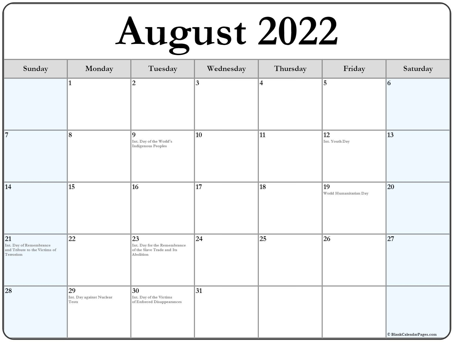 August 2022 Calendar With Holidays