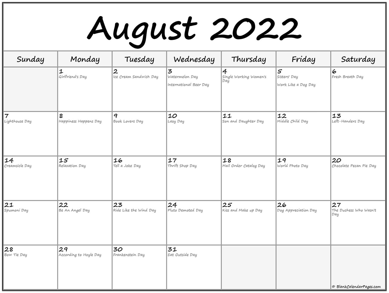 August 2022 Calendar With Holidays