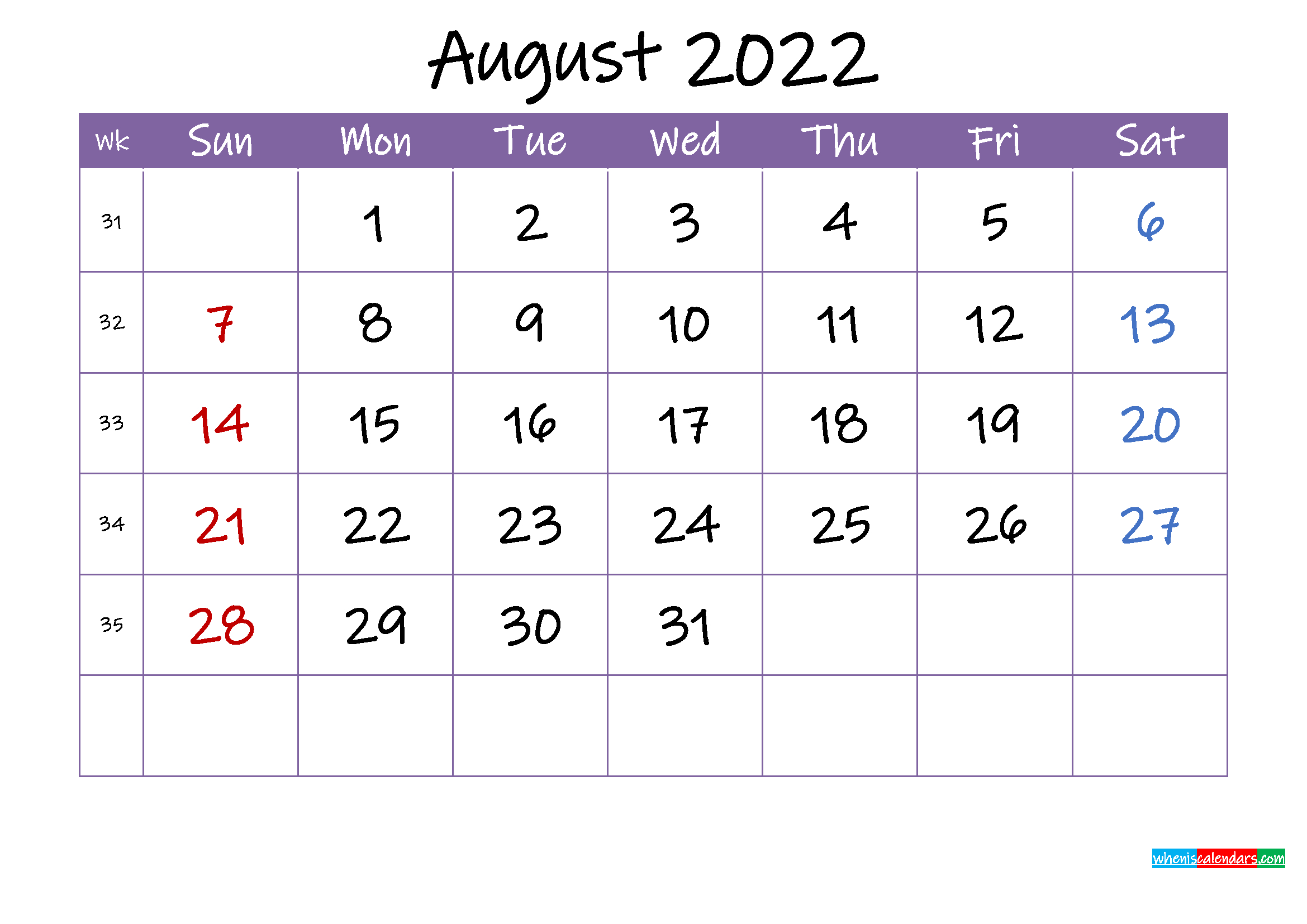 August 2022 Calendar With Holidays Printable - Template