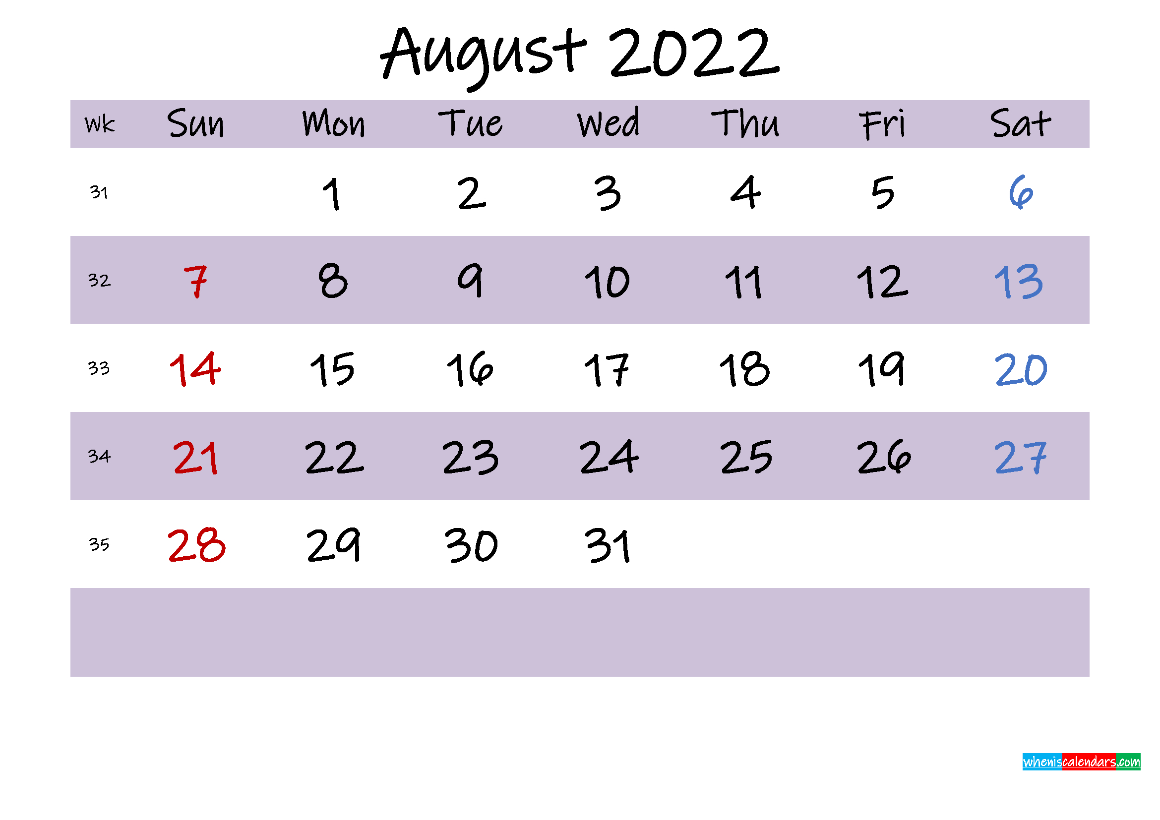 August 2022 Calendar With Holidays Printable - Template No