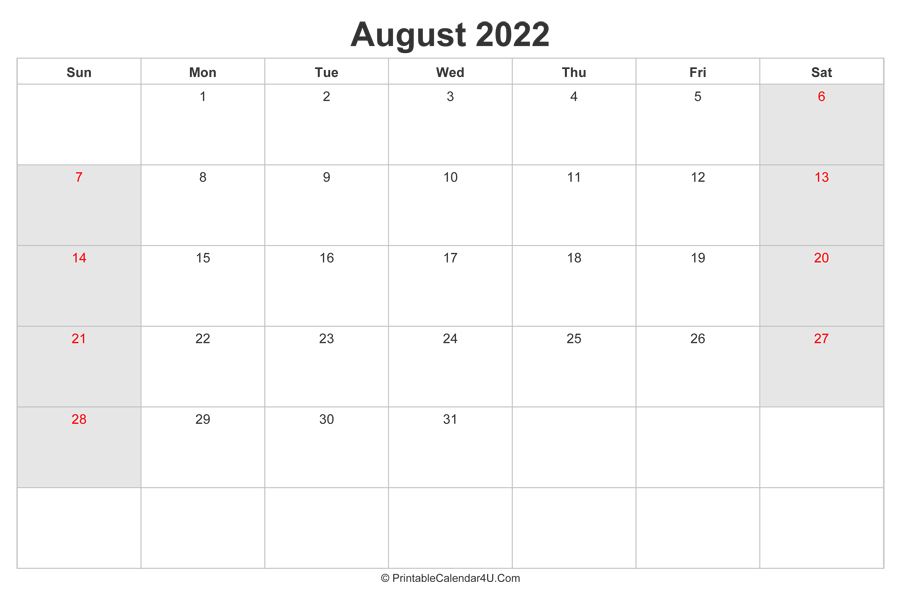 August 2022 Calendar With Us Holidays Highlighted