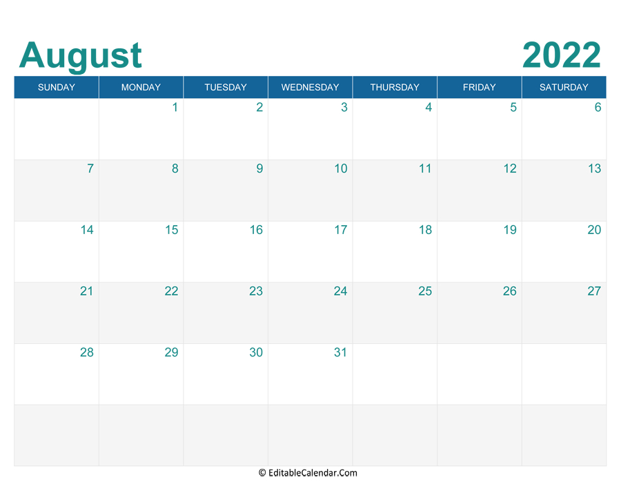 August 2022 Editable Calendar With Holidays