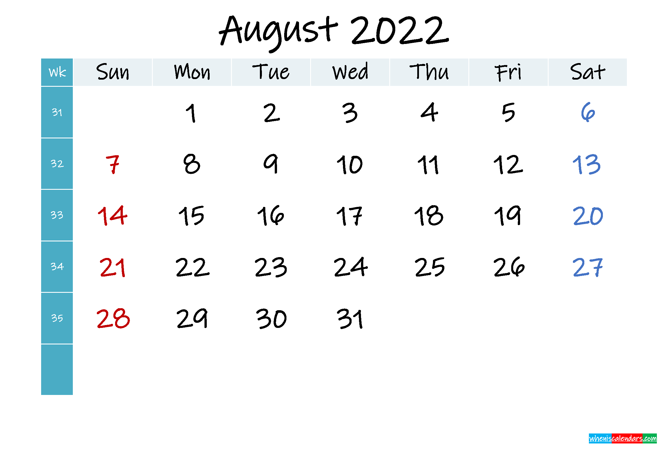 August 2022 Free Printable Calendar - Template Noink22M404
