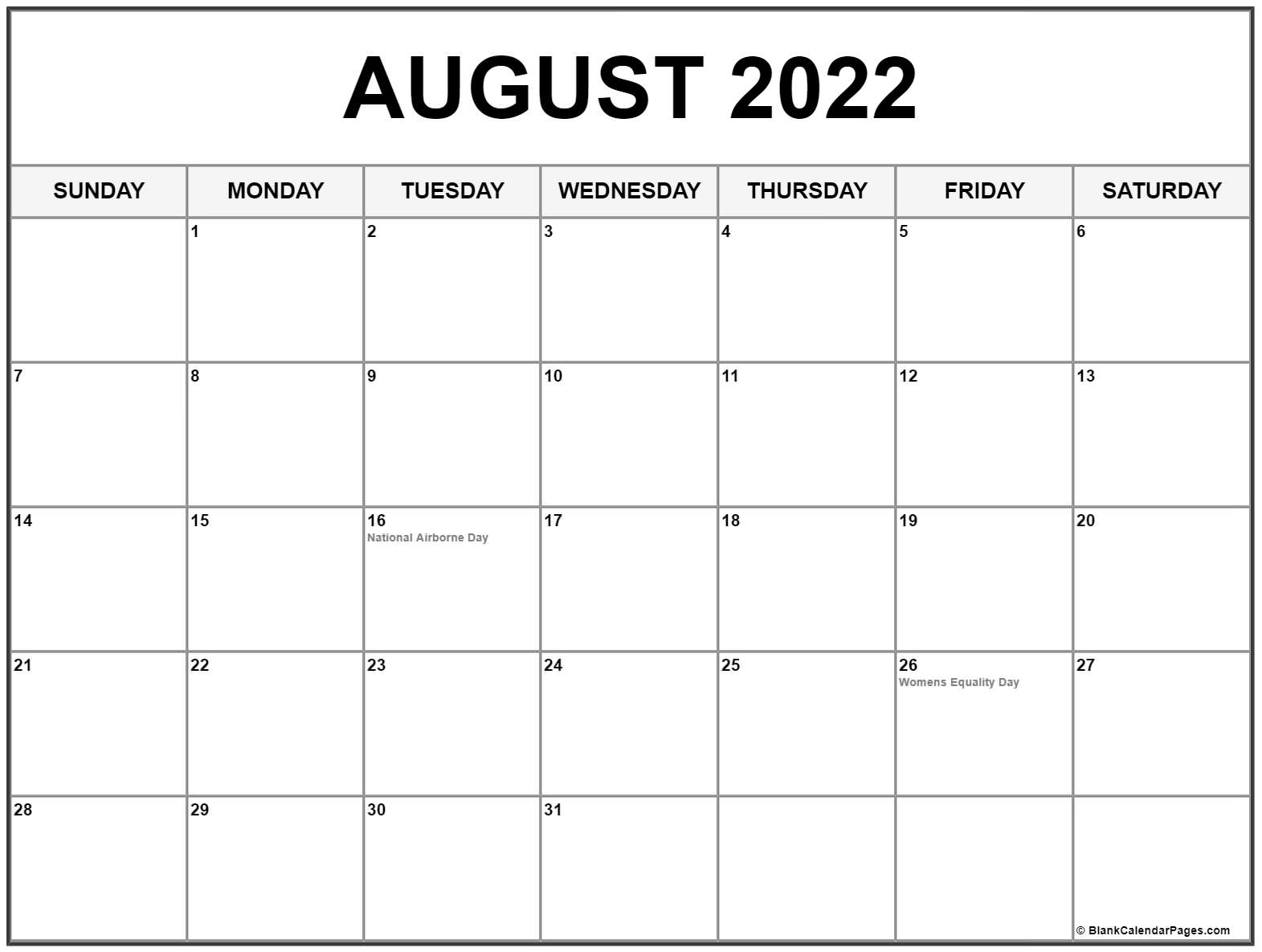 August 2022 Holidays Calendar