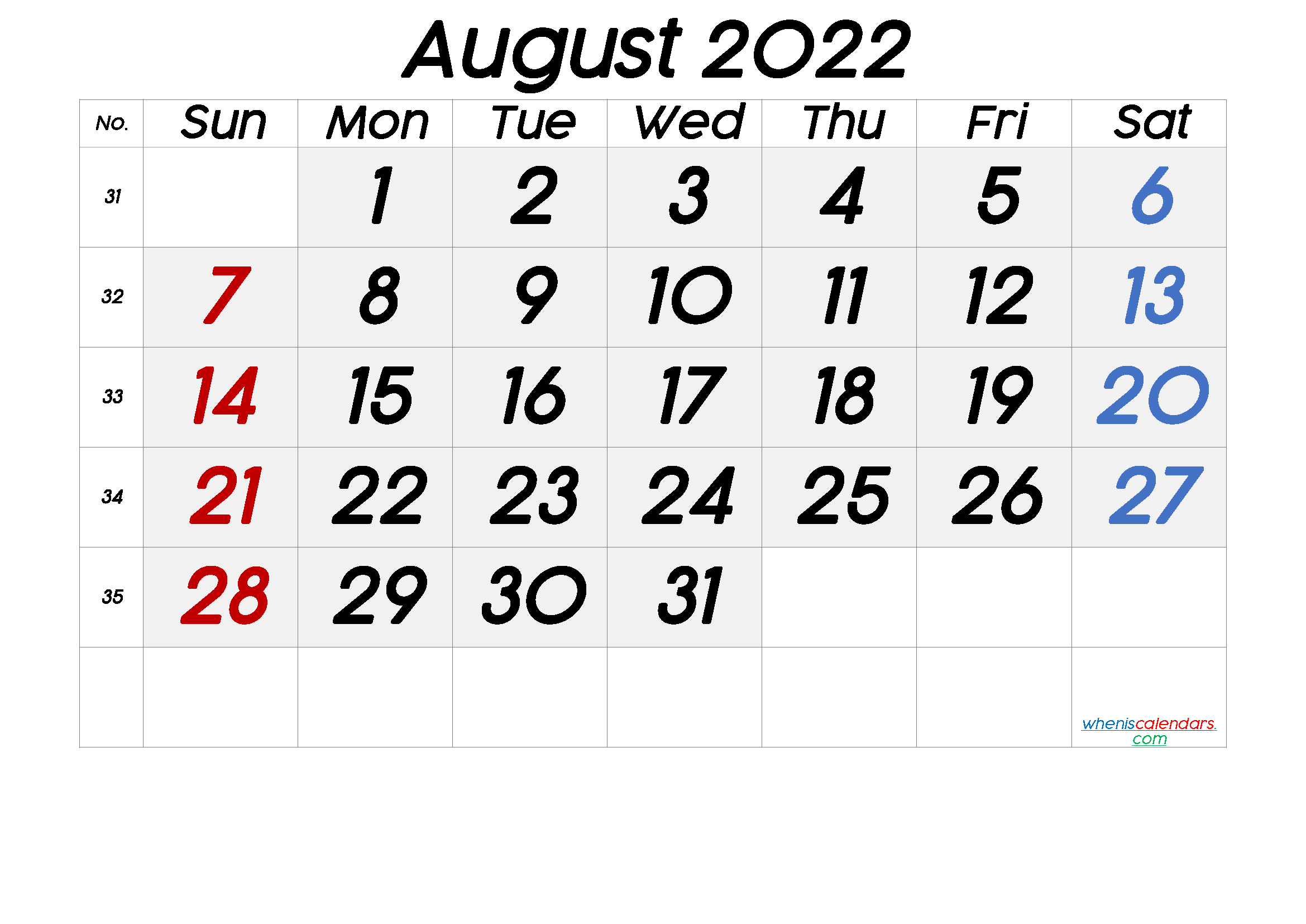 August 2022 Printable Calendar - Font: Cocogoose Download