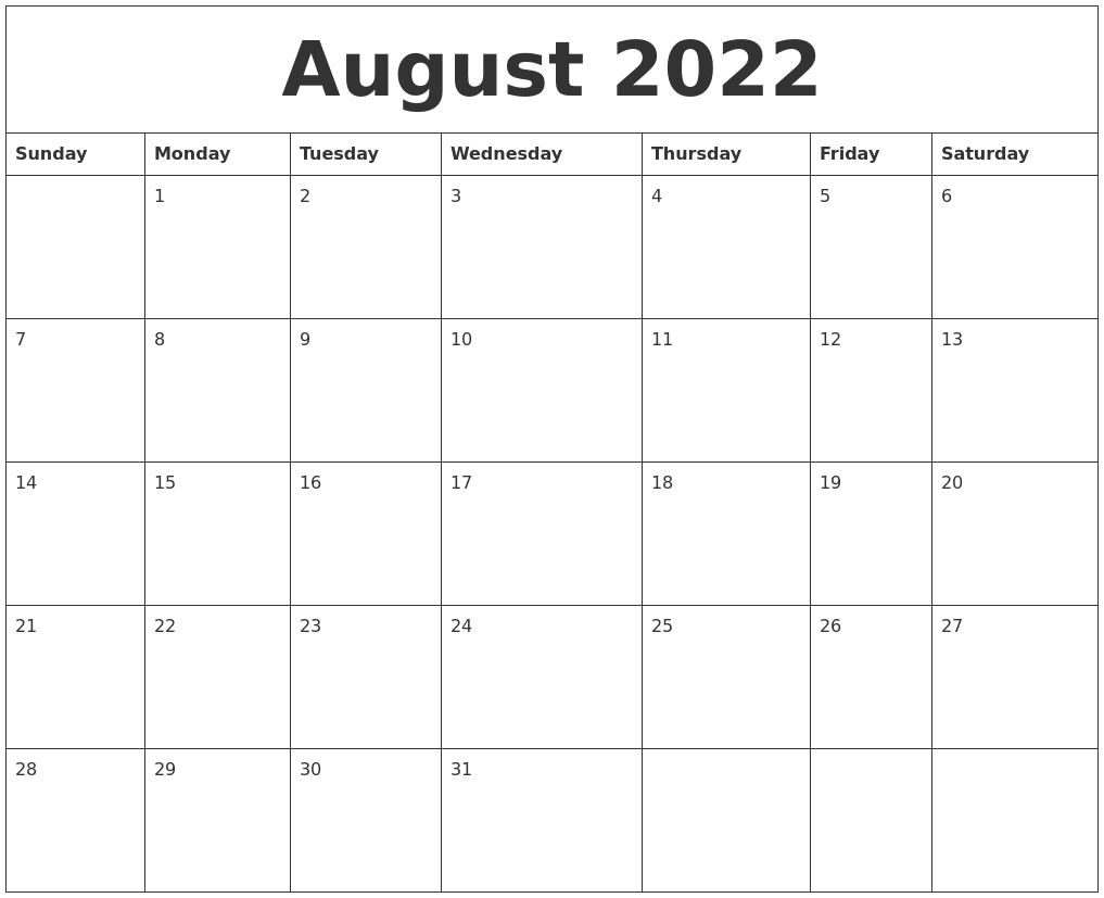 August 2022 Printable Calendar Free