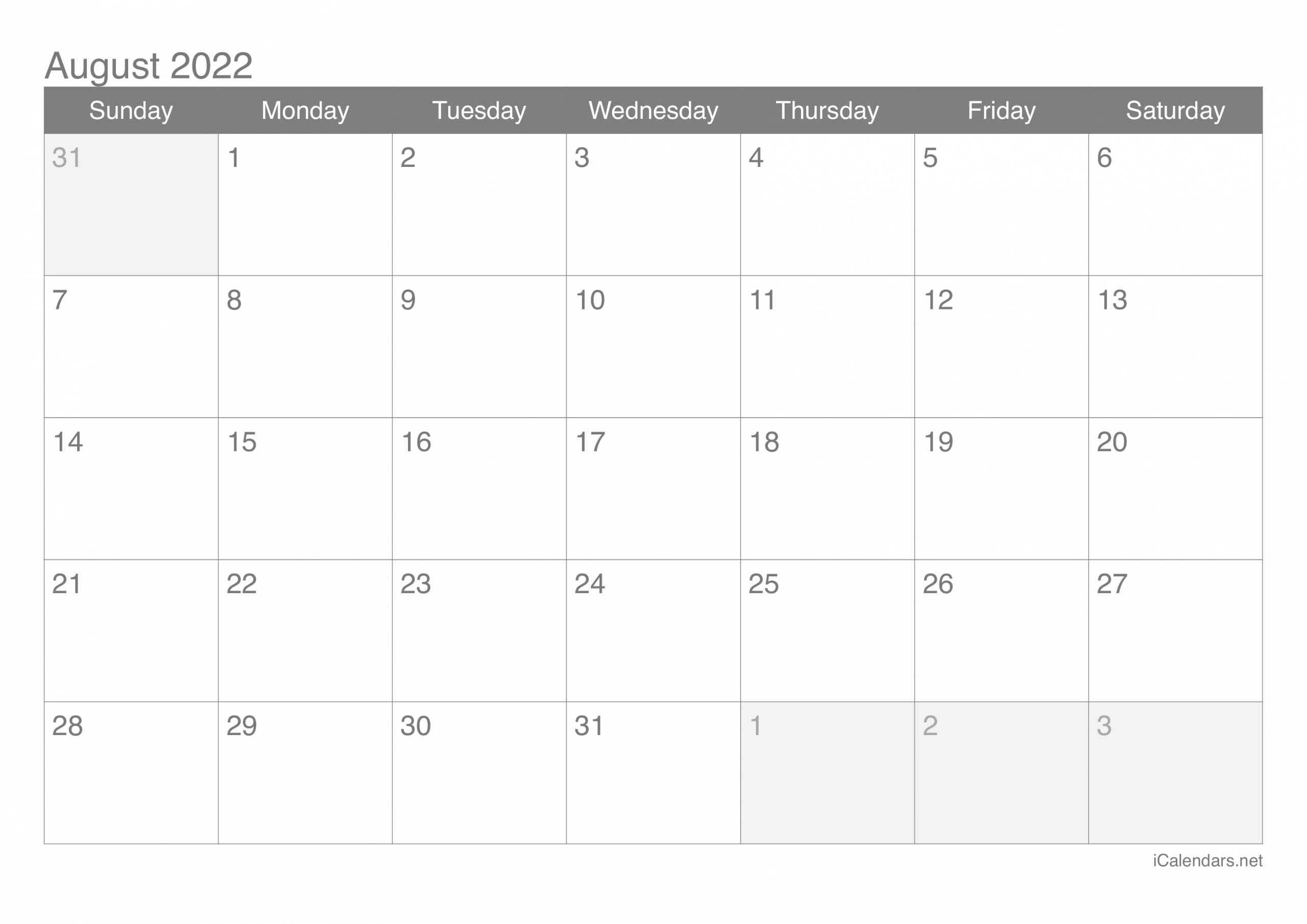August 2022 Printable Calendar - Icalendars