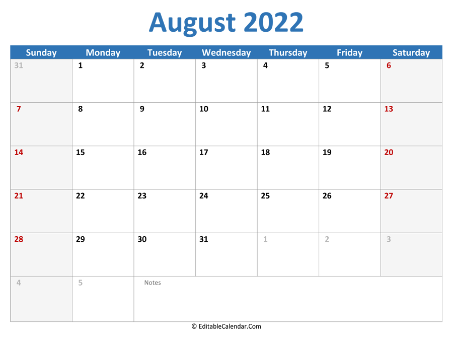 August 2022 Printable Calendar With Holidays