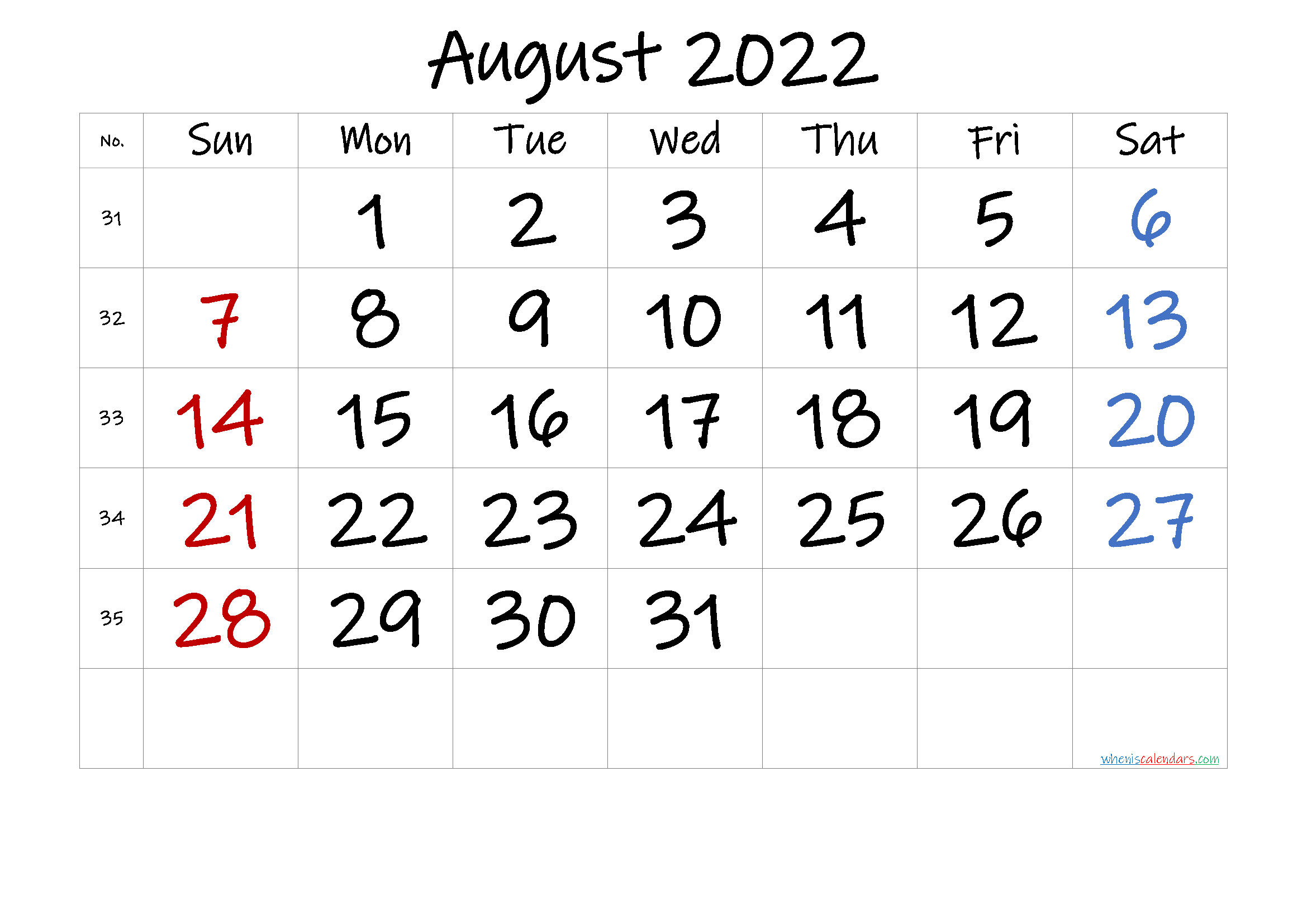 August 2022 Printable Calendar With Holidays - 6 Templates