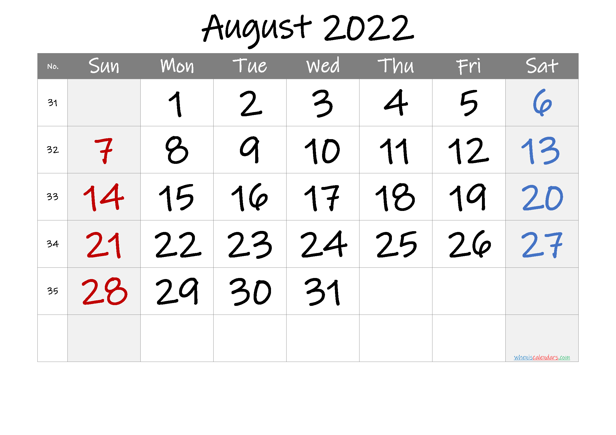 August 2022 Printable Calendar With Week Numbers - 6
