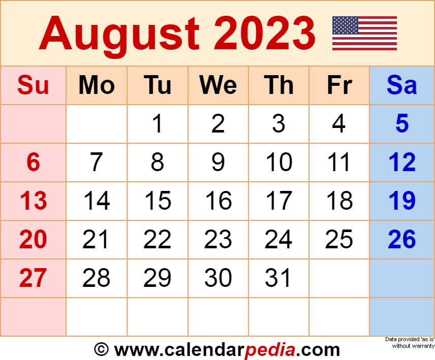 August 2023 Calendar | Templates For Word, Excel And Pdf