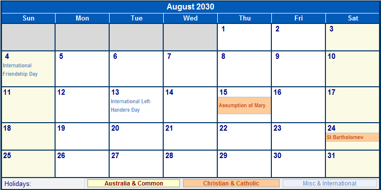 August 2030 Australia Calendar With Holidays For Printing