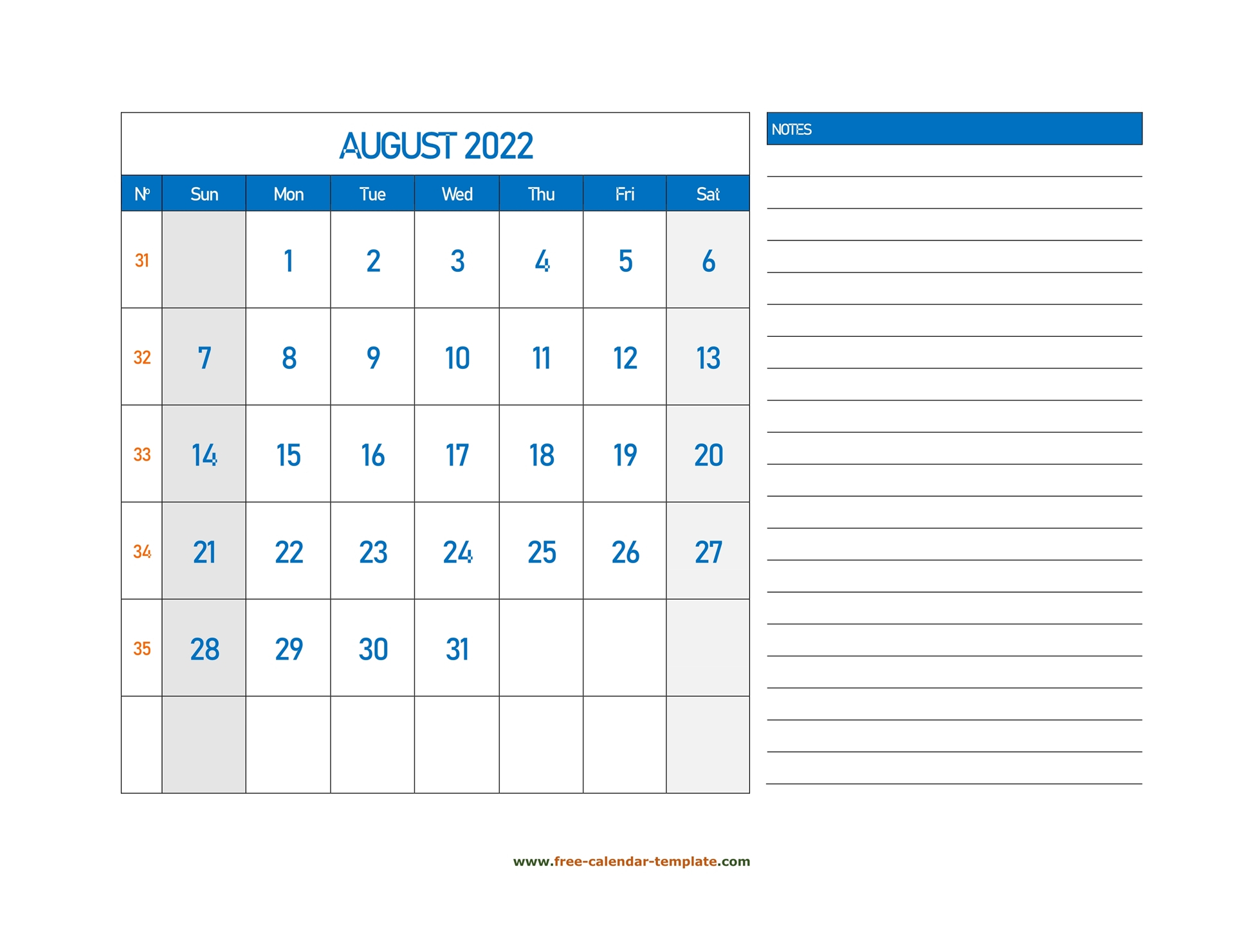 August Calendar 2022 Grid Lines For Holidays And Notes