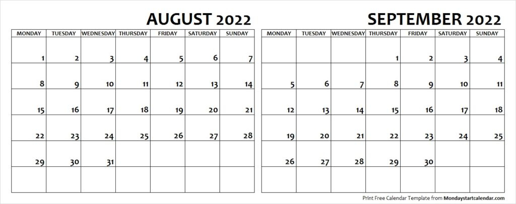 August September 2022 Calendar Monday Start | Two Months