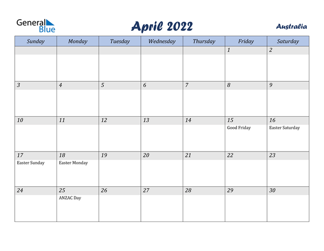 Australia April 2022 Calendar With Holidays