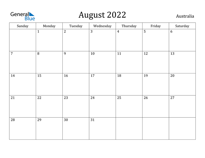 Australia August 2022 Calendar With Holidays