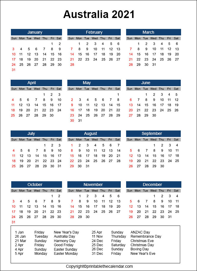 Australia Calendar 2021 | Printable The Calendar