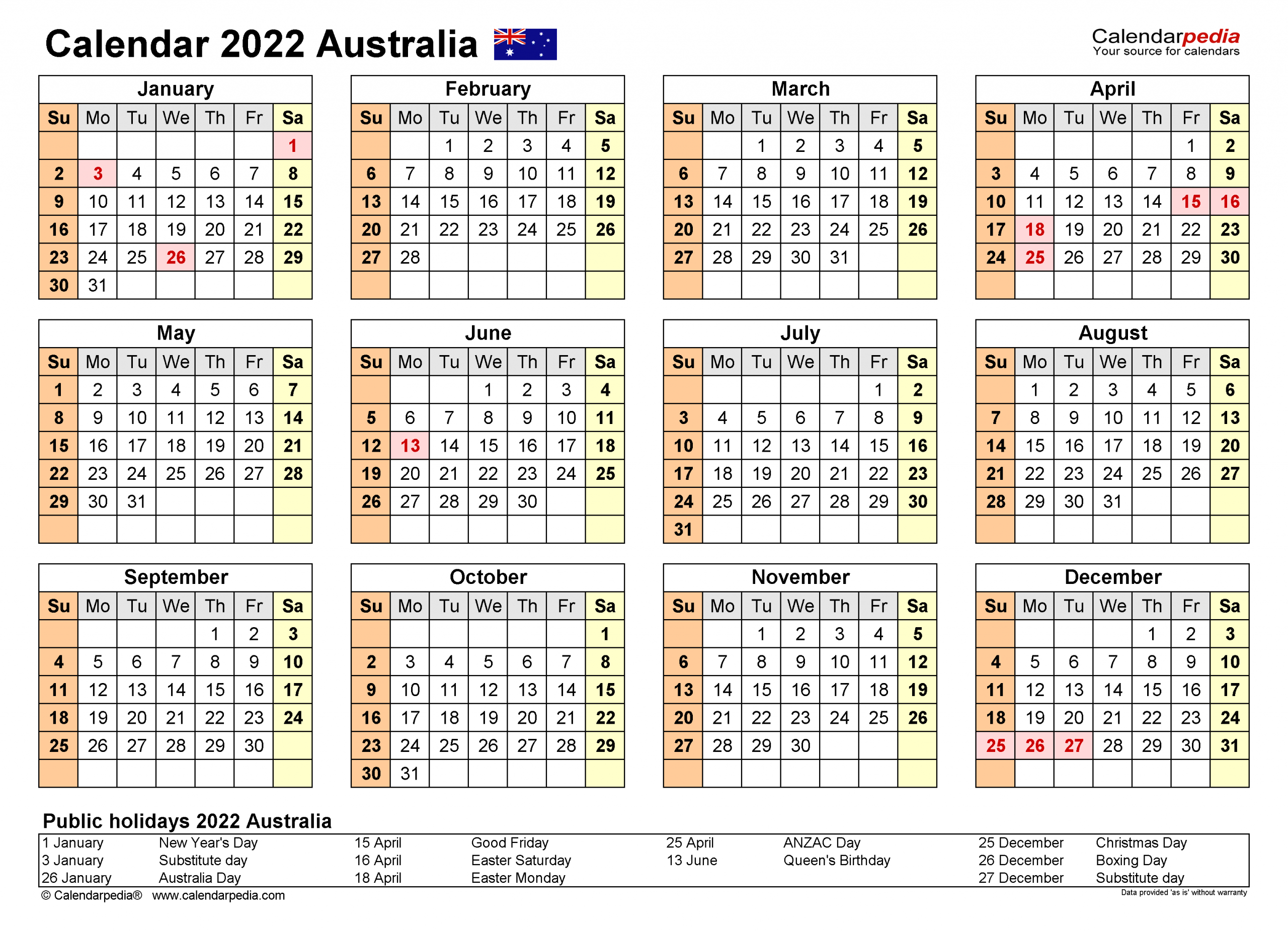 Printable Calendar January 2022 Australia | Calendar Template 2022