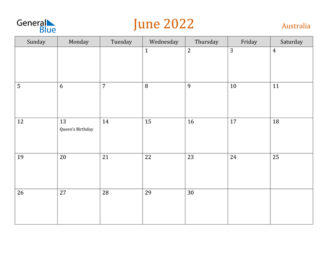 Australia June 2022 Calendar With Holidays