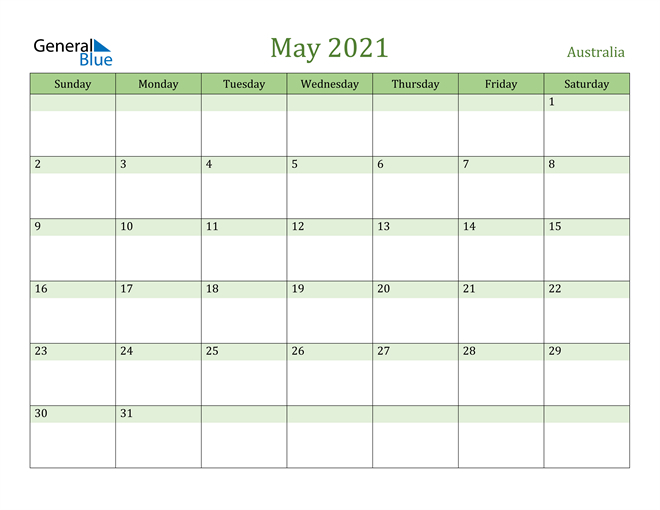 Australia May 2021 Calendar With Holidays