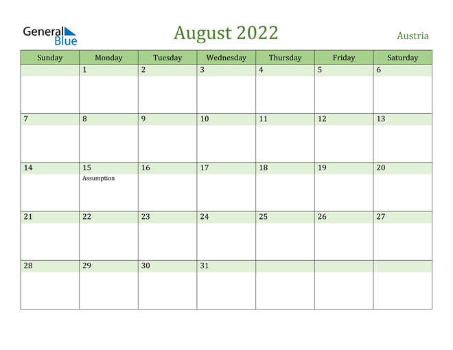 Austria August 2022 Calendar With Holidays