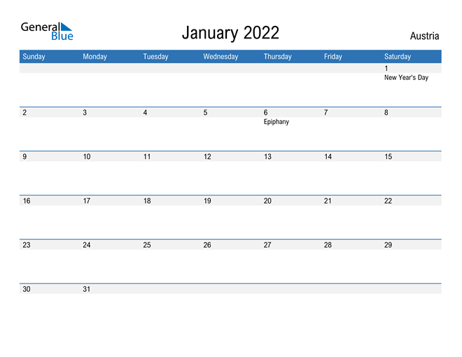 Austria January 2022 Calendar With Holidays