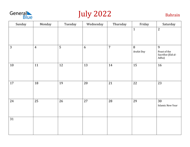 Bahrain July 2022 Calendar With Holidays