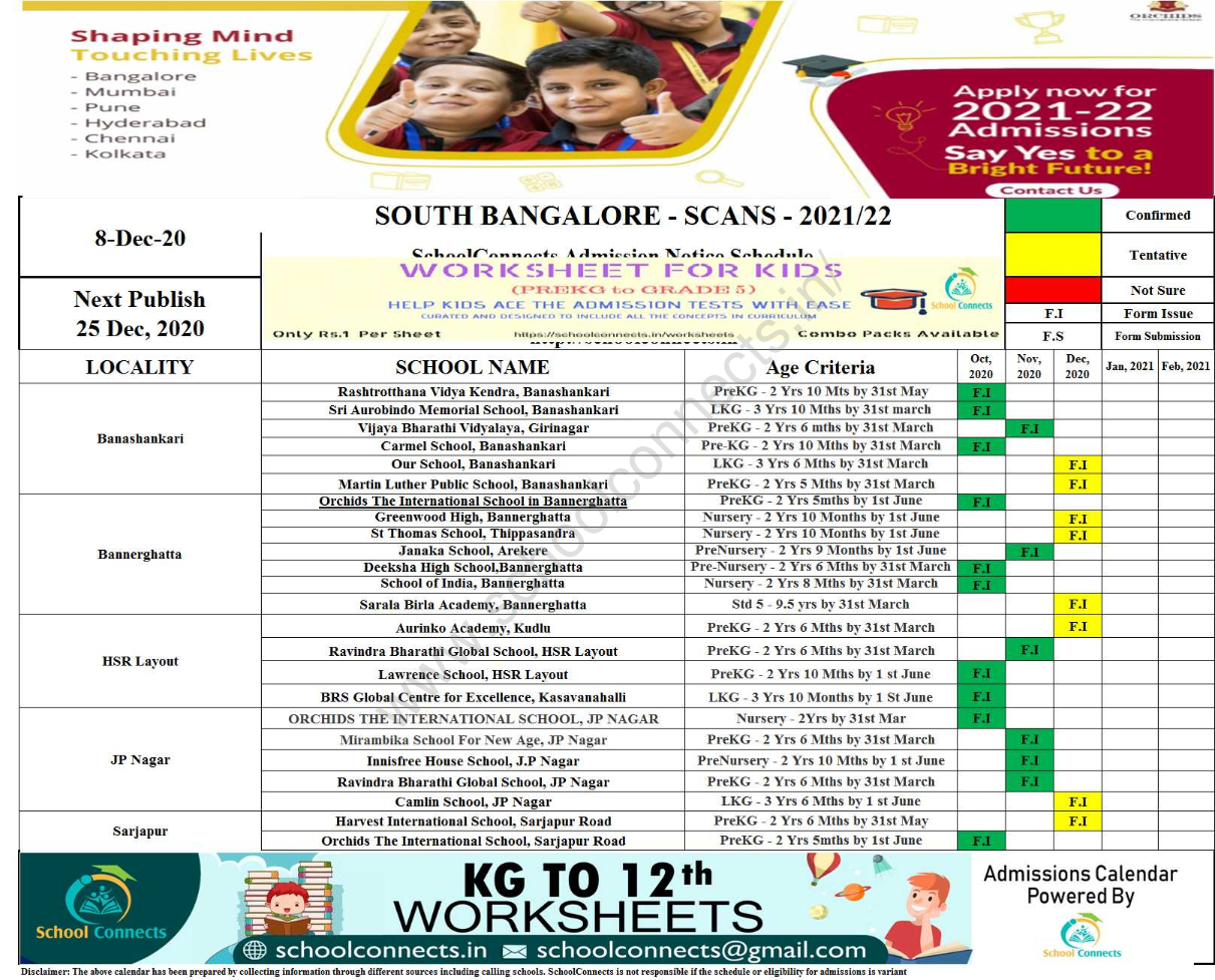 Bangalore-South - School Admissions Calendar 2021-2022