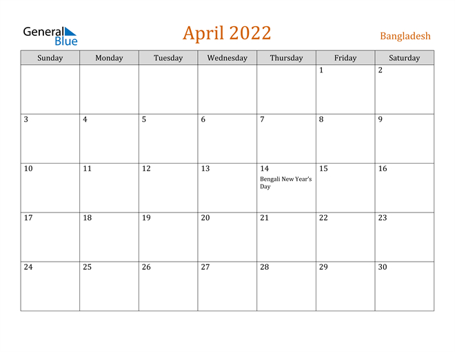Bangladesh April 2022 Calendar With Holidays