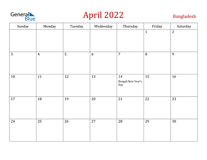 Bangladesh April 2022 Calendar With Holidays