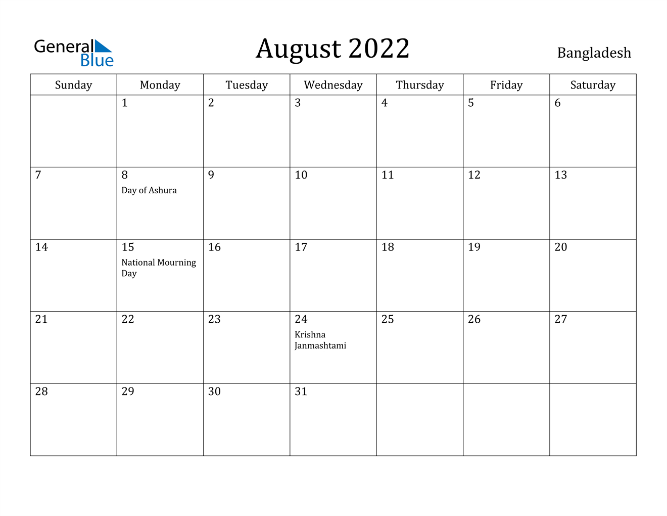 Bangladesh August 2022 Calendar With Holidays