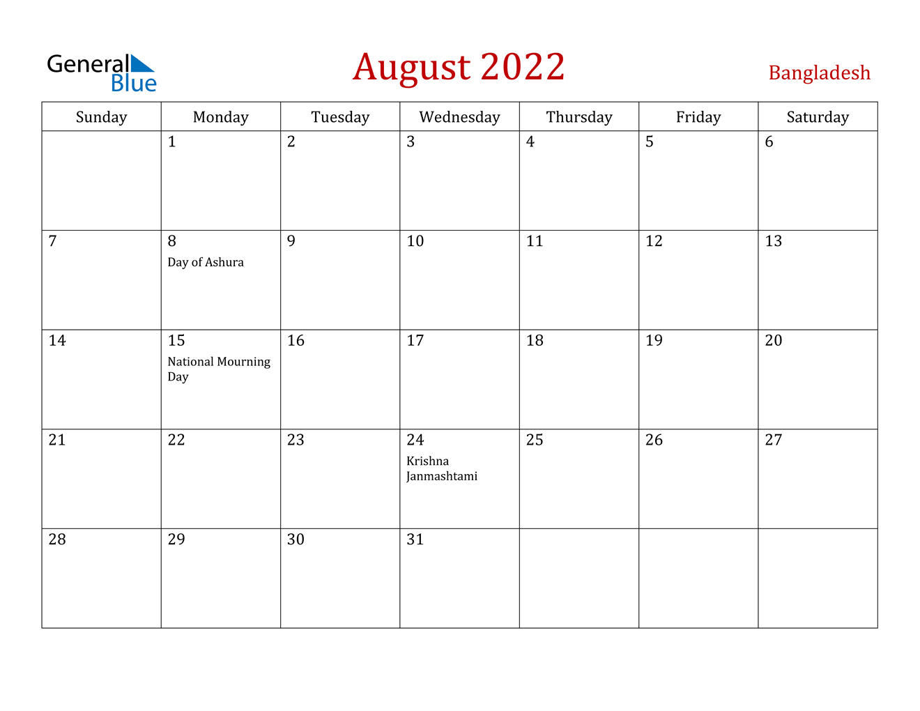 Bangladesh August 2022 Calendar With Holidays