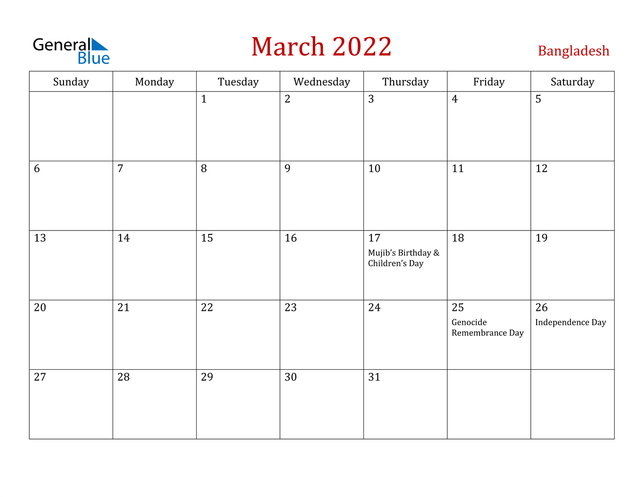 Bangladesh March 2022 Calendar With Holidays