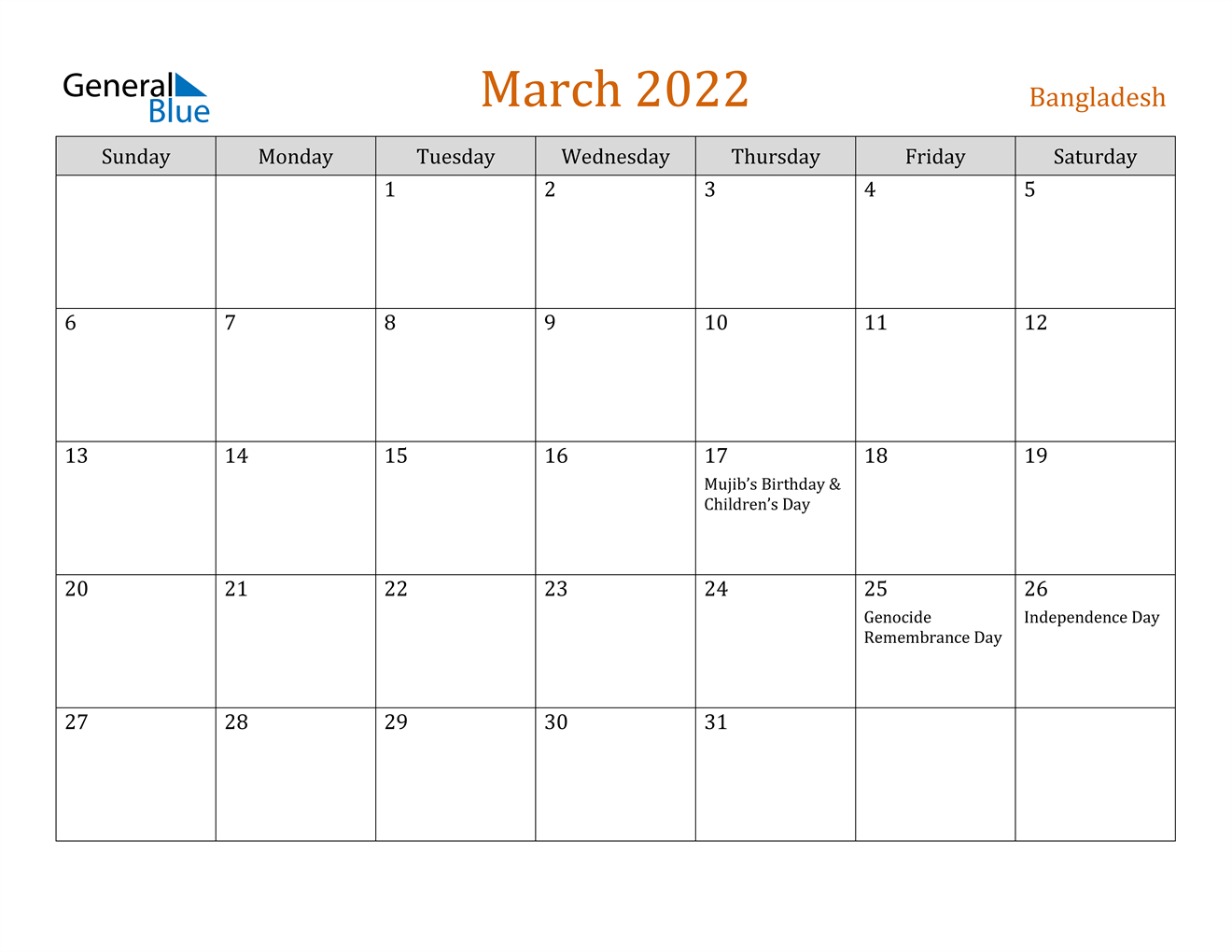 Bangladesh March 2022 Calendar With Holidays