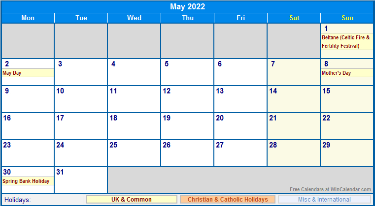 Bank Holidays 2022 - Printable Calendar 2022 - Yearly