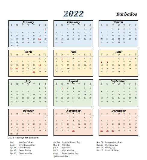 Barbados 2022 Calendar With Holidays