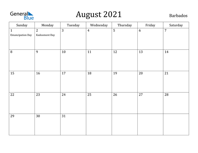 Barbados August 2021 Calendar With Holidays