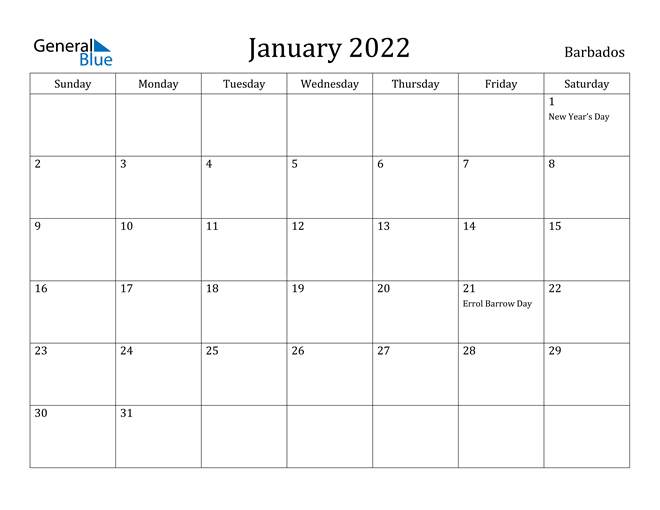 Barbados January 2022 Calendar With Holidays