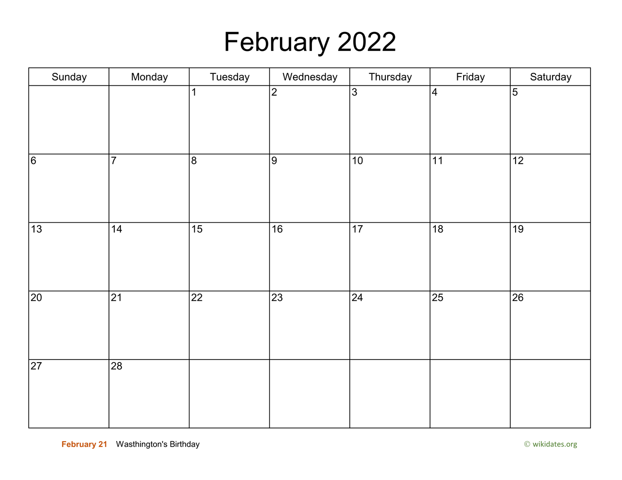Basic Calendar For February 2022 | Wikidates