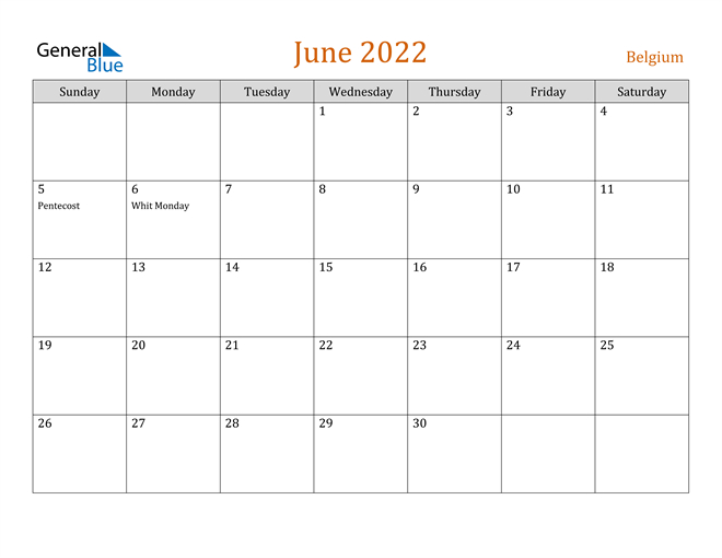 Belgium June 2022 Calendar With Holidays